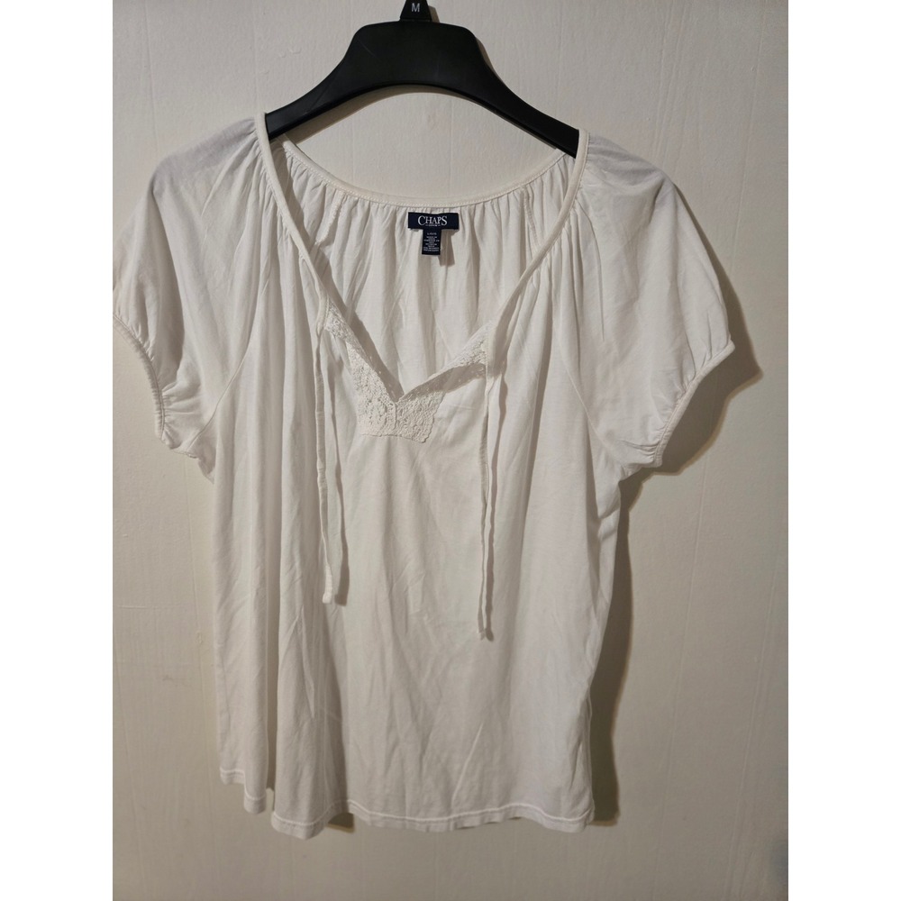 Chaps Denim Womens White Crochet Lace V-Neck Peasant Blouse Top Large L